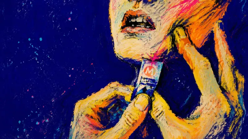 A cropped jaw pressed under two fingers while a transit pass is folded tighter and tighter, echoing,