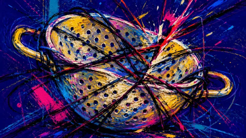 A crushed colander tangled by crossing marks, representing imposter-syndrome paralysis and