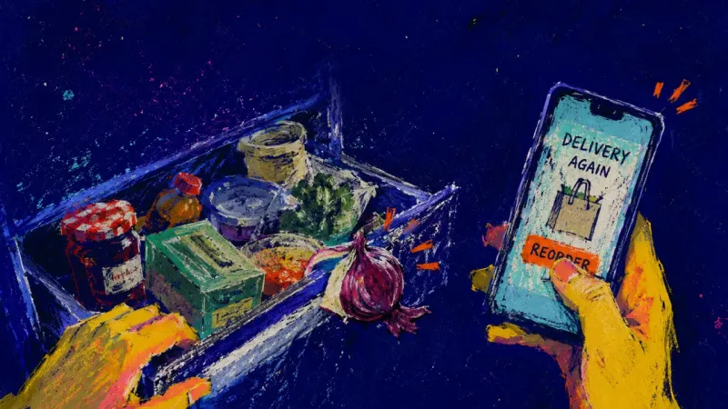 The Reset Deferred A half-open fridge drawer packed with random leftovers as a hand reorders delivery, capturing an end