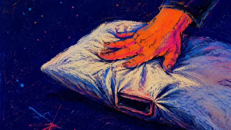 Buried Signal A hand pressing a pillow over a face-down phone, showing how a sibling's crisis can turn bedtime off