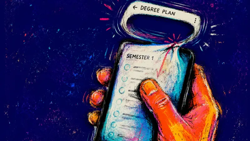 One More Refresh A thumb repeatedly pulling down a degree-planner page on a phone, mirroring the cycle of searching f