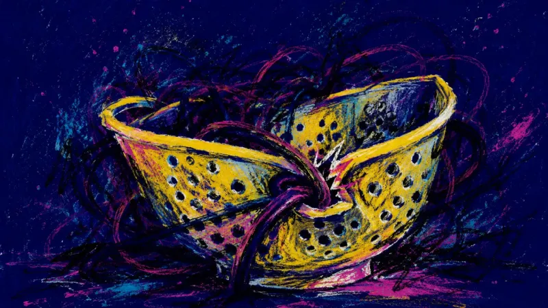 Filter Under Siege A warped colander choked by tangled lines, symbolizing choice paralysis, overthinking, and the press