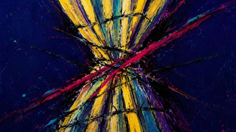 An abstract curtain is twisted shut and trapped in dense marks, representing visibility anxiety, se