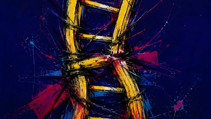 A warped ladder caught in heavy tangled marks, representing first-week impostor syndrome, overwork,