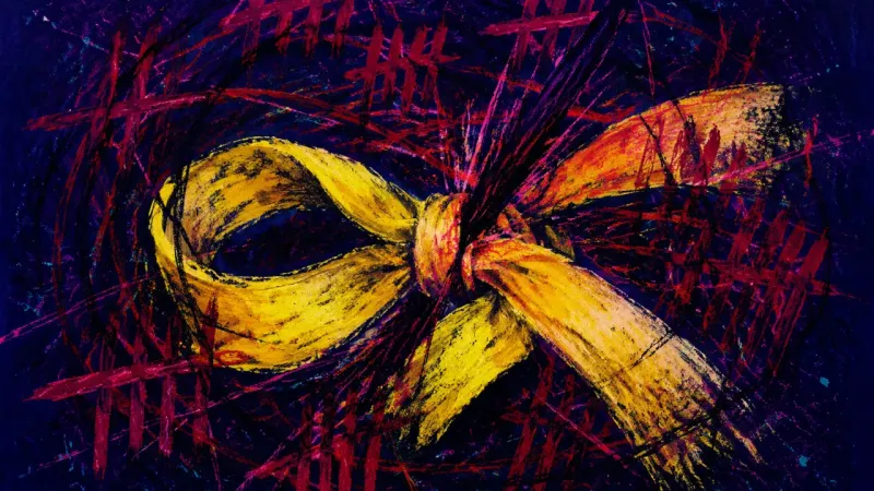 Knotted Relief A ribbon tangled into a punishing knot, representing a spend-shame-scroll loop driven by urgency, me