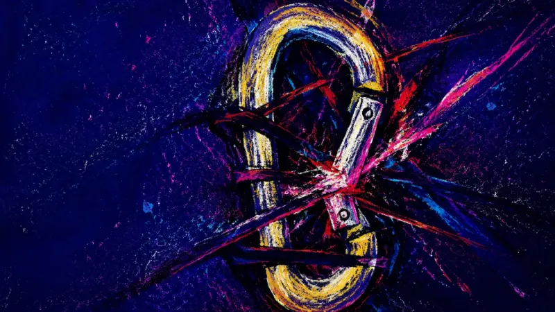 An abstract carabiner twisted shut by chaotic marks, representing guilt-driven paralysis and the p