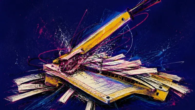 A paper cutter warped and tangled in chaotic lines, representing rollover paralysis, deadline