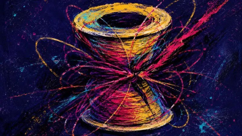 Jammed Spool An abstract visual of dating ambiguity as a spool trapped in snarled loops, showing obsessive chec