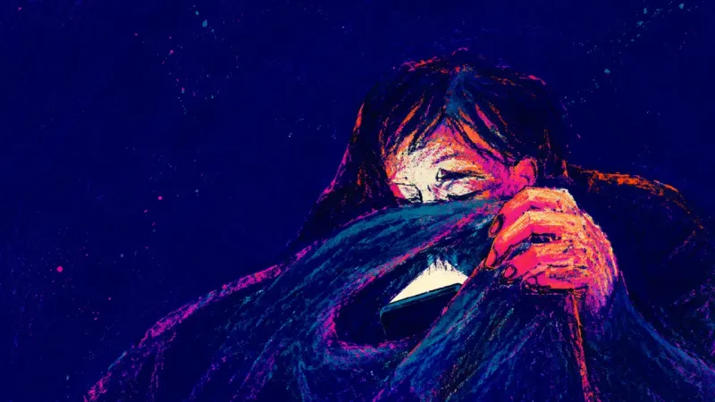 Borrowed Privacy A hunched torso hides a phone inside a blanket fold, representing the urge to protect private words\