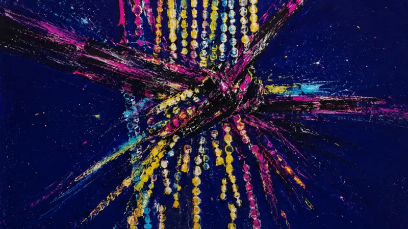 Snagged Threshold A beaded curtain dragged into a tight knot, representing digital privacy betrayal and the loss of