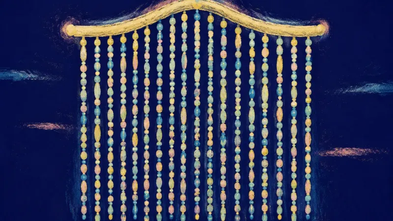 Measured Access A beaded curtain restored to even strands, representing clear digital boundaries, calm steadiness,