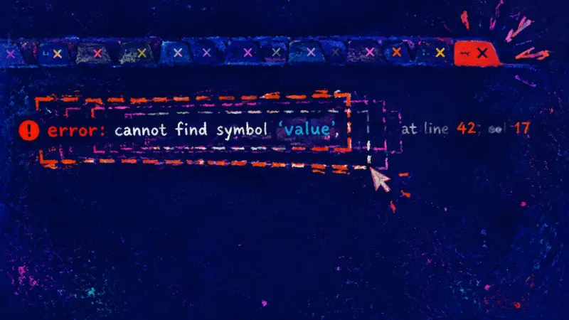 Unreadable Signal A browser tab strip squeezed into unreadable slivers while the same compiler error is selected again