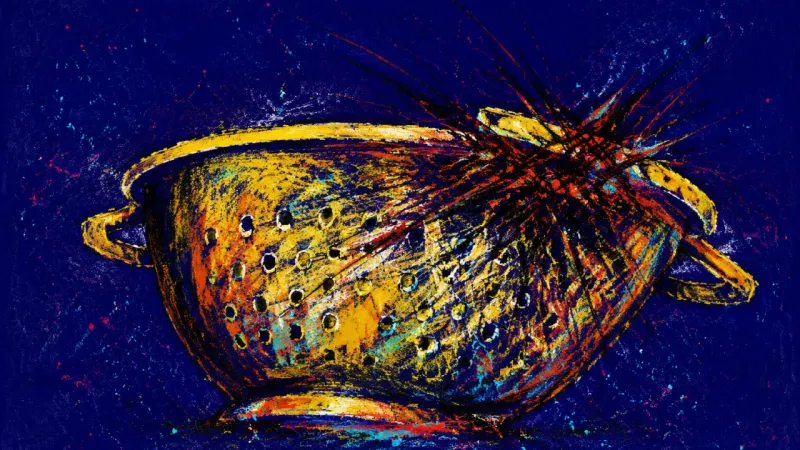 Clogged Signal An abstract image of late-night debugging panic, where an open structure is warped, clogged, and ove