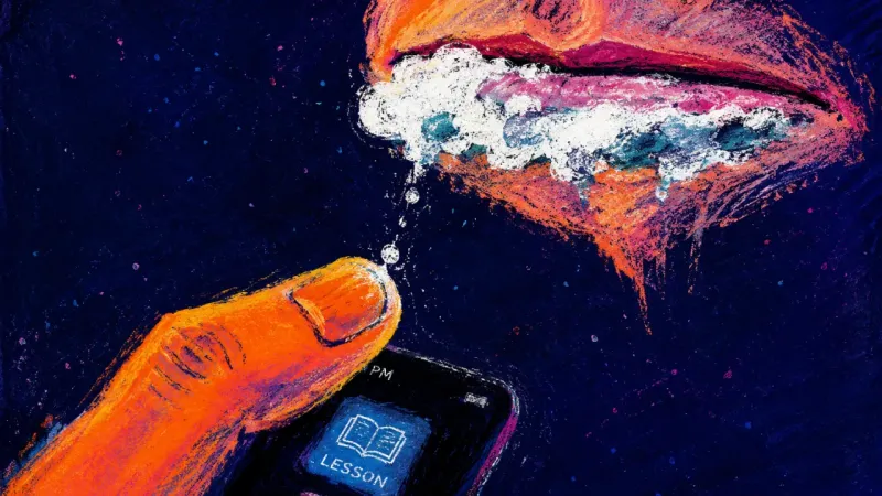 The Character Test A cropped mouth full of toothpaste foam and a thumb hovering over a lesson app, capturing shame-driv
