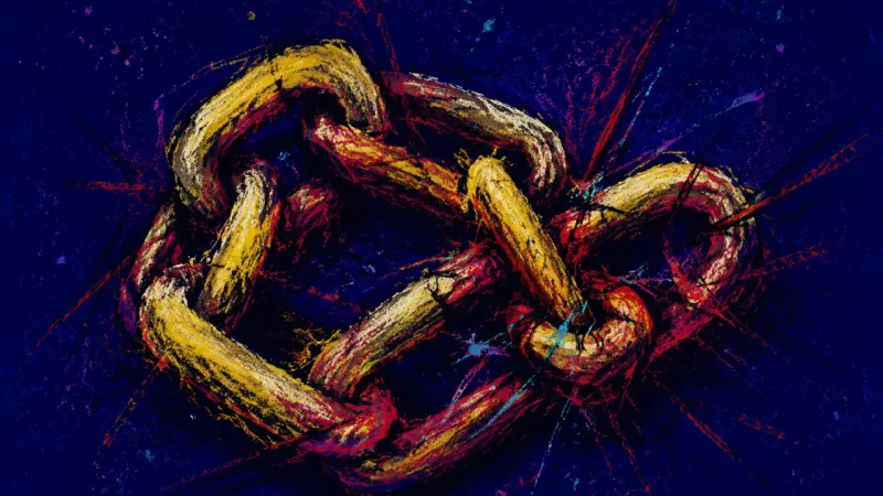 Links Under Verdict A chain twisted into a jammed knot, expressing shame, rigid self-control, and the collapse that fol