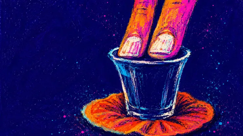 Held at the Rim Two stiff fingertips pin an untouched shot cup in place instead of lifting it, capturing the social