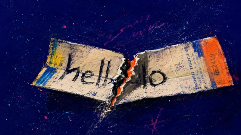 The Split Hello A transit transfer folded around a half-written hello until the strip splits, mirroring the fear of.