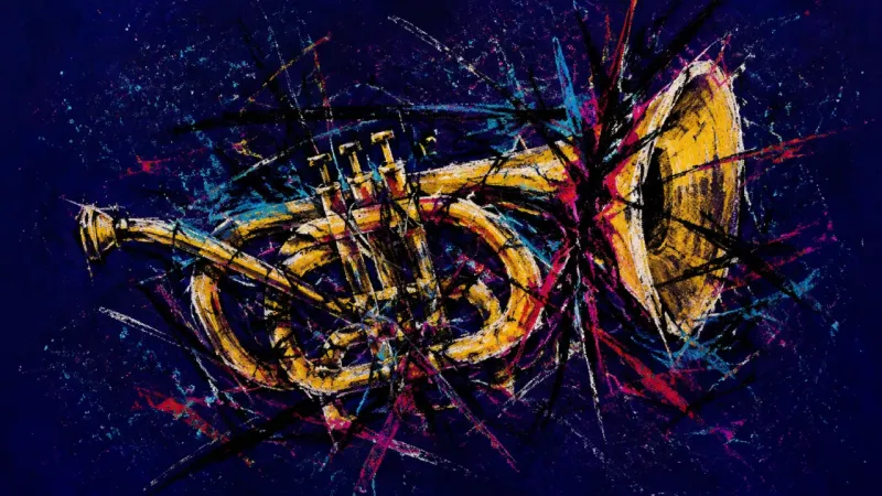 Crushed Summons An abstract trumpet crushed and tangled by chaotic marks, representing overthinking and fear of a