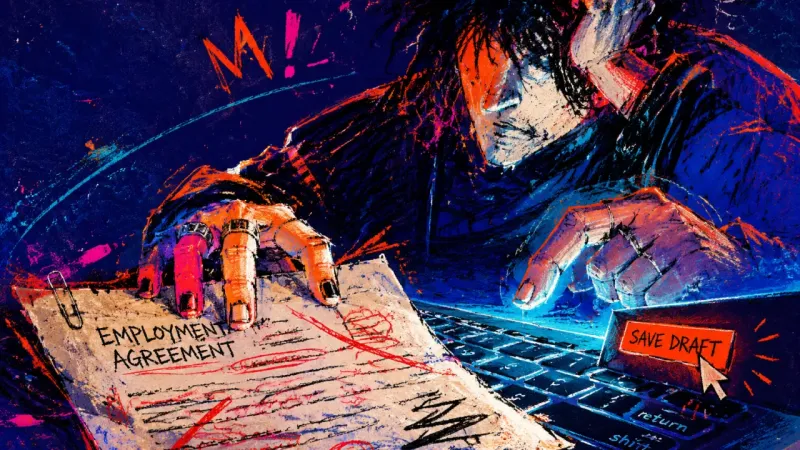 Held at Draft A marked-up employment agreement spread across a laptop keyboard while a hand stalls over Save Draft
