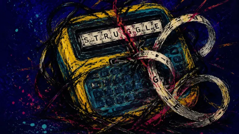 Jammed Language An abstract representation of launch paralysis, where a label maker jams into its own output and col