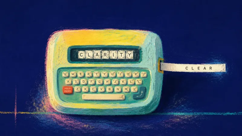 Clear Scope An abstract representation of launch clarity, where a label maker regains clean wording, defined sca