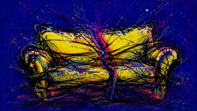 Rest Under Siege A sofa crushed by chaotic lines, representing resentment, overfunctioning, and the loss of rest when