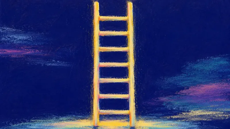 An abstract ladder restored to even alignment, representing a calm return-to-office decision shaped