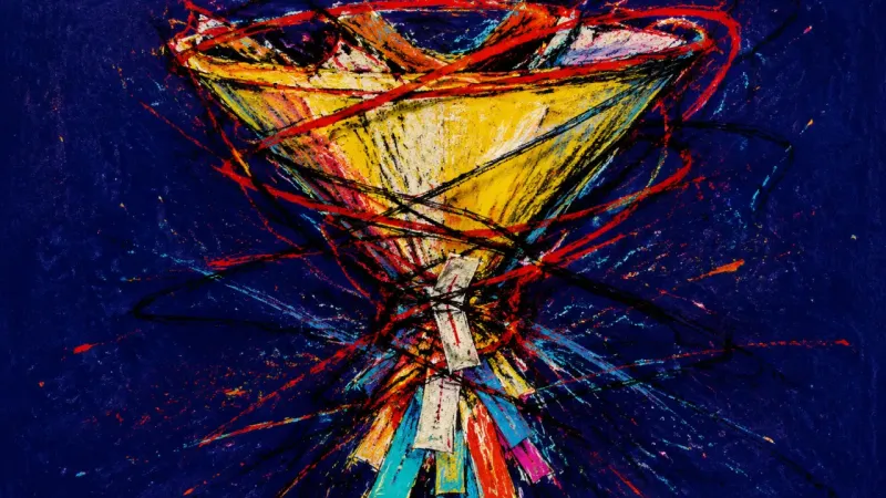 Choked Throughline A distorted funnel clogged by paper slips and violent marks, representing research overload, stal