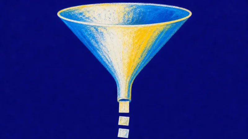 Restored Throughline A clean funnel with a small orderly flow of paper slips, representing curated sources, steady sy