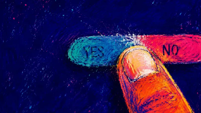 The Stalled Reply A thumb drags an RSVP selector between yes and no and leaves it stranded in the middle, reflecting b