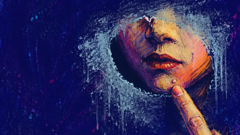 The Audit Hole A face fragment crowds a wiped opening in a fogged mirror while one fingertip inspects a single blem