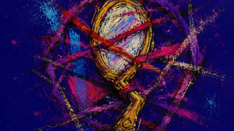 Warped Verdict An abstract hand mirror warped and trapped by chaotic bands, representing compulsive self-criticism