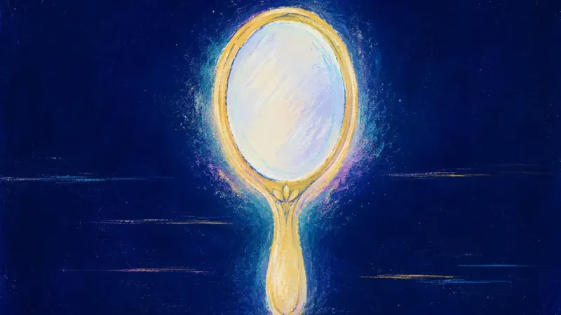 Steady Reflection An abstract hand mirror restored to a calm, balanced outline, representing self-respect, steadiness,
