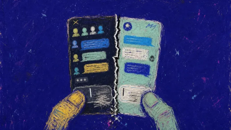A phone shows a group chat and a private DM open at once, with unfinished replies in both, capturing
