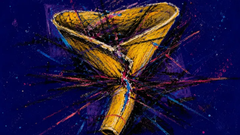 A warped funnel trapped in crossing lines, expressing group-chat triangulation and the pressure of c
