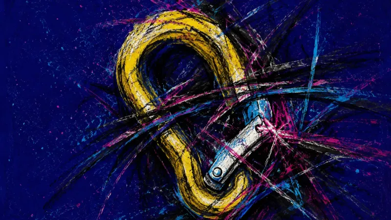 Leveraged Open A warped carabiner caught in chaotic pressure, representing deadline anxiety and the fear that supp