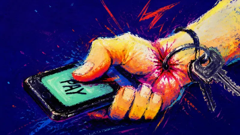 A thumb pays a phone request while apartment keys cut into the same clenched hand after a date, capt