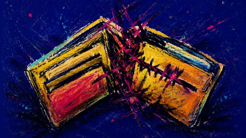 An abstract wallet warped by dense crossing lines, expressing resentment, overthinking, and imbalanc