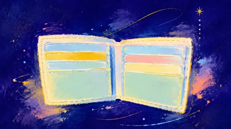 An abstract wallet reopened into balanced order, expressing a clear money boundary and steadier self