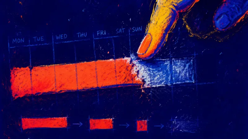 Draft on Trial A single study block is dragged and erased on a digital calendar, symbolizing panic when an open set