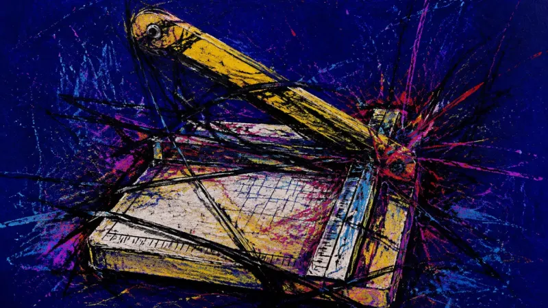 Stalled Cut A paper cutter locked in a warped half-drop and trapped in harsh crossing marks, representing pressu