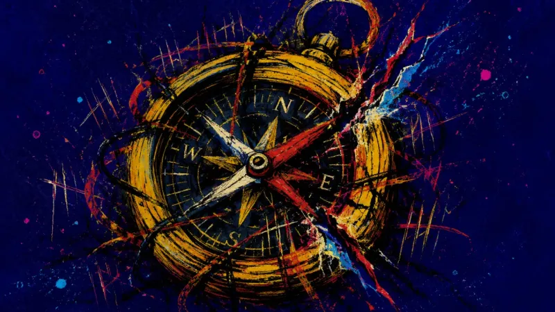 Needle Under Verdict A warped compass tangled in harsh marks, representing money shame, comparison, and the feeling of b