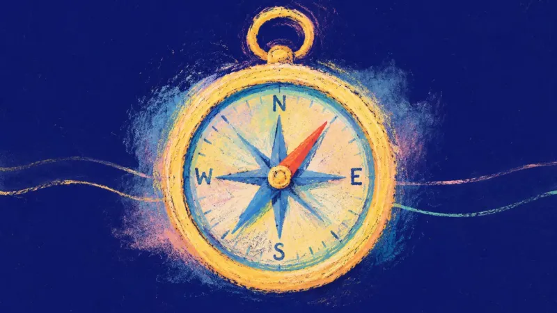 Private True North A restored compass with a steady needle, representing money shame easing into private values, calmer