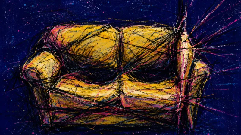 An abstract representation of feeling like the extra friend, where belonging collapses into a crampe