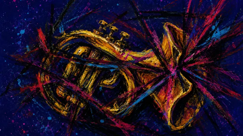 A trumpet bent into itself and crowded by harsh crossing marks, representing panic and self-editing