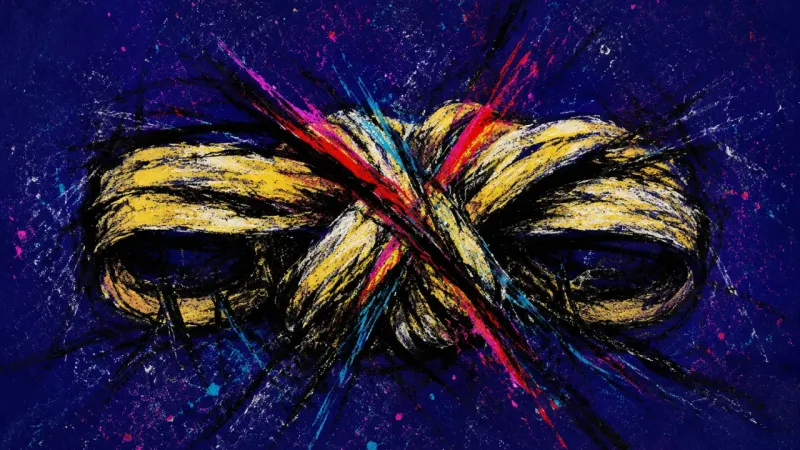 An abstract representation of relationship limbo, where fear of asking for exclusivity compresses th