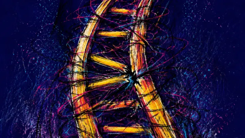 A warped ladder trapped in chaotic marks, representing burnout that makes work, sleep, money, and
