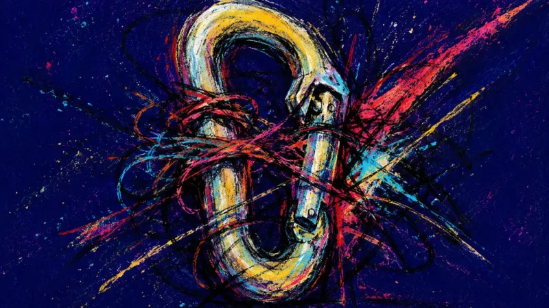 Jammed Gate An abstract representation of commitment fear, where a carabiner is compressed by chaotic loops that