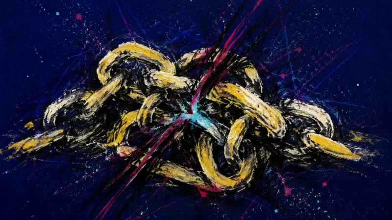 Collapsed Links An abstract chain twisted into a cramped knot, showing friend-group anxiety, indirect communication,
