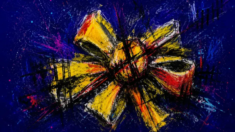 Knots of Obligation A gift bow crushed into a tight snarl, expressing guilt, overcompensation, and the pressure to repay